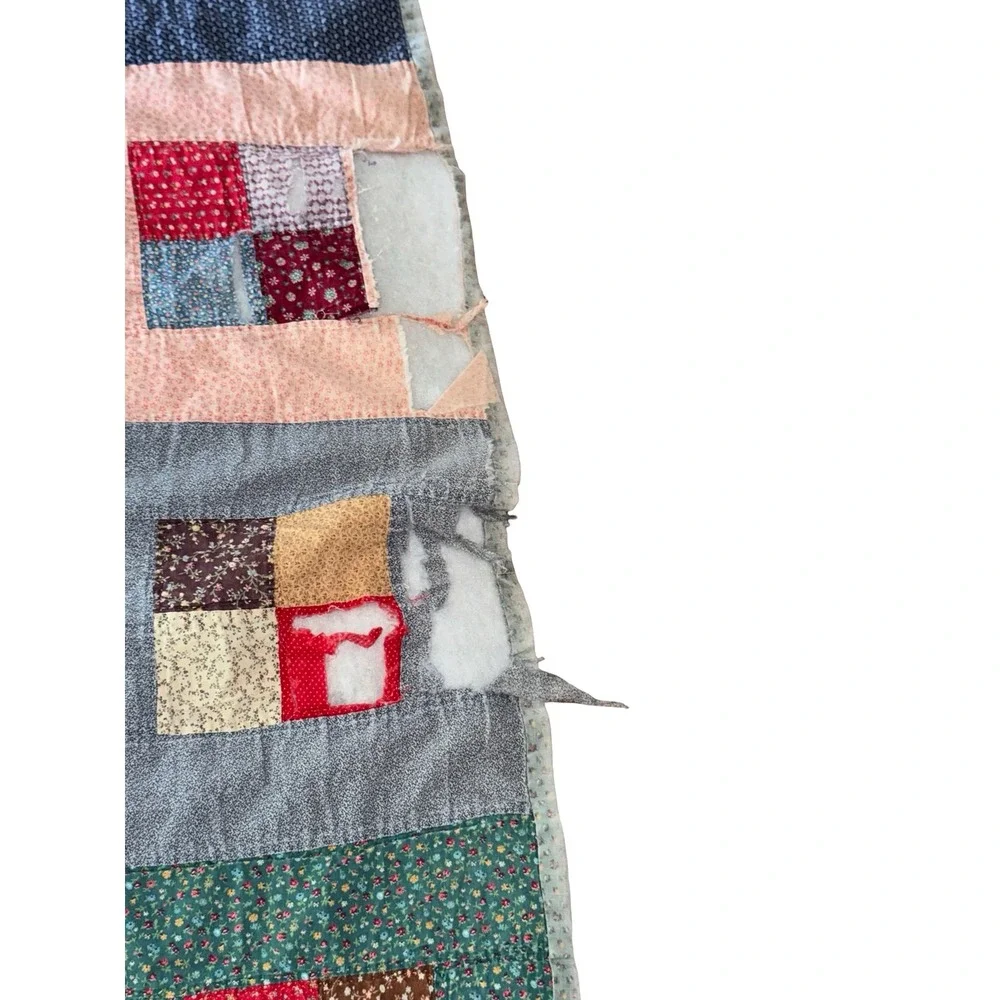 Antiques Country Squares Quilt, Handmade Patchwork Quilt Fits a queen bed FLAWED